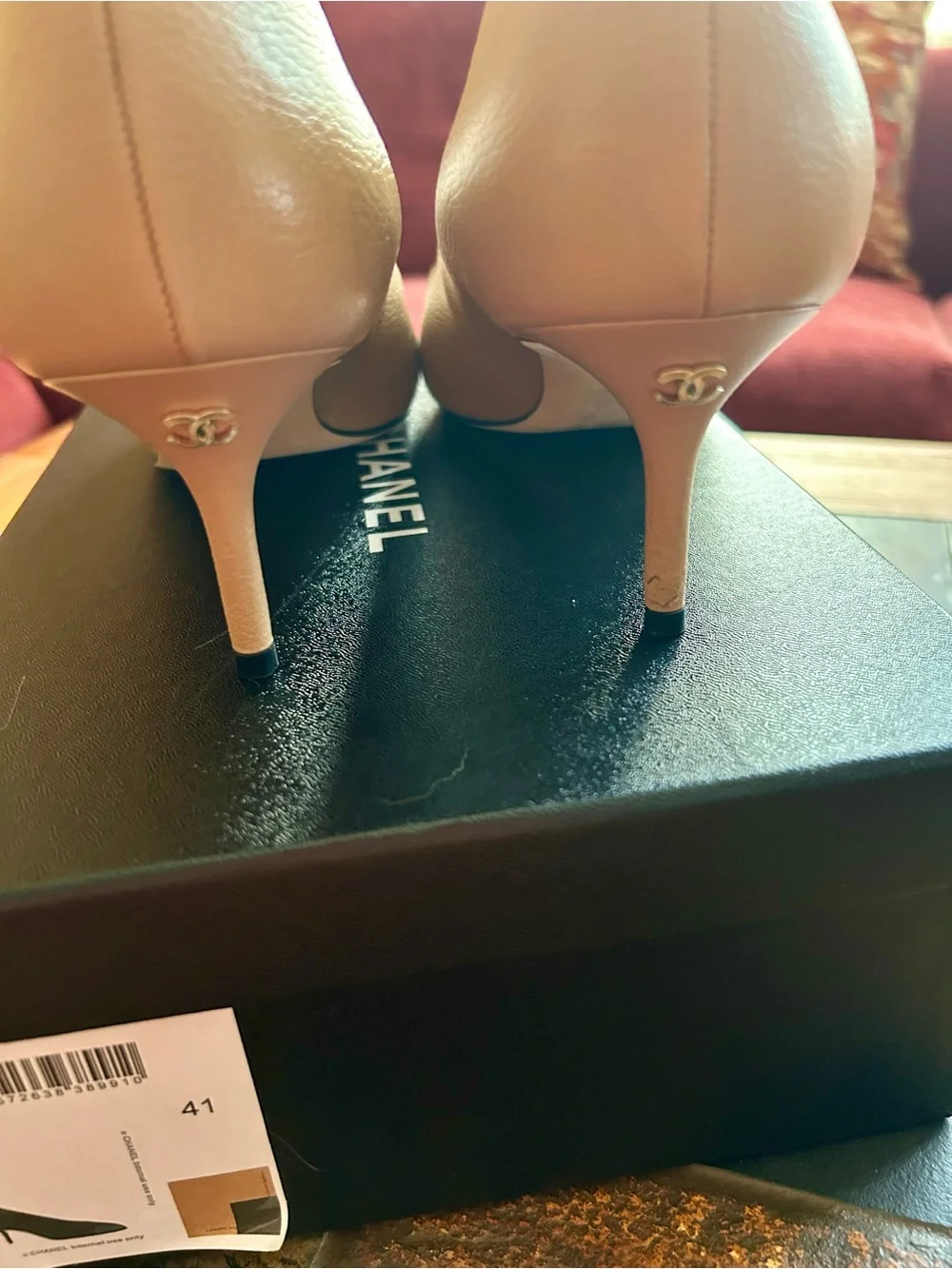 CHANEL Two-Tone Pointed-Toe Leather Pumps — Beige with Black Cap Toe